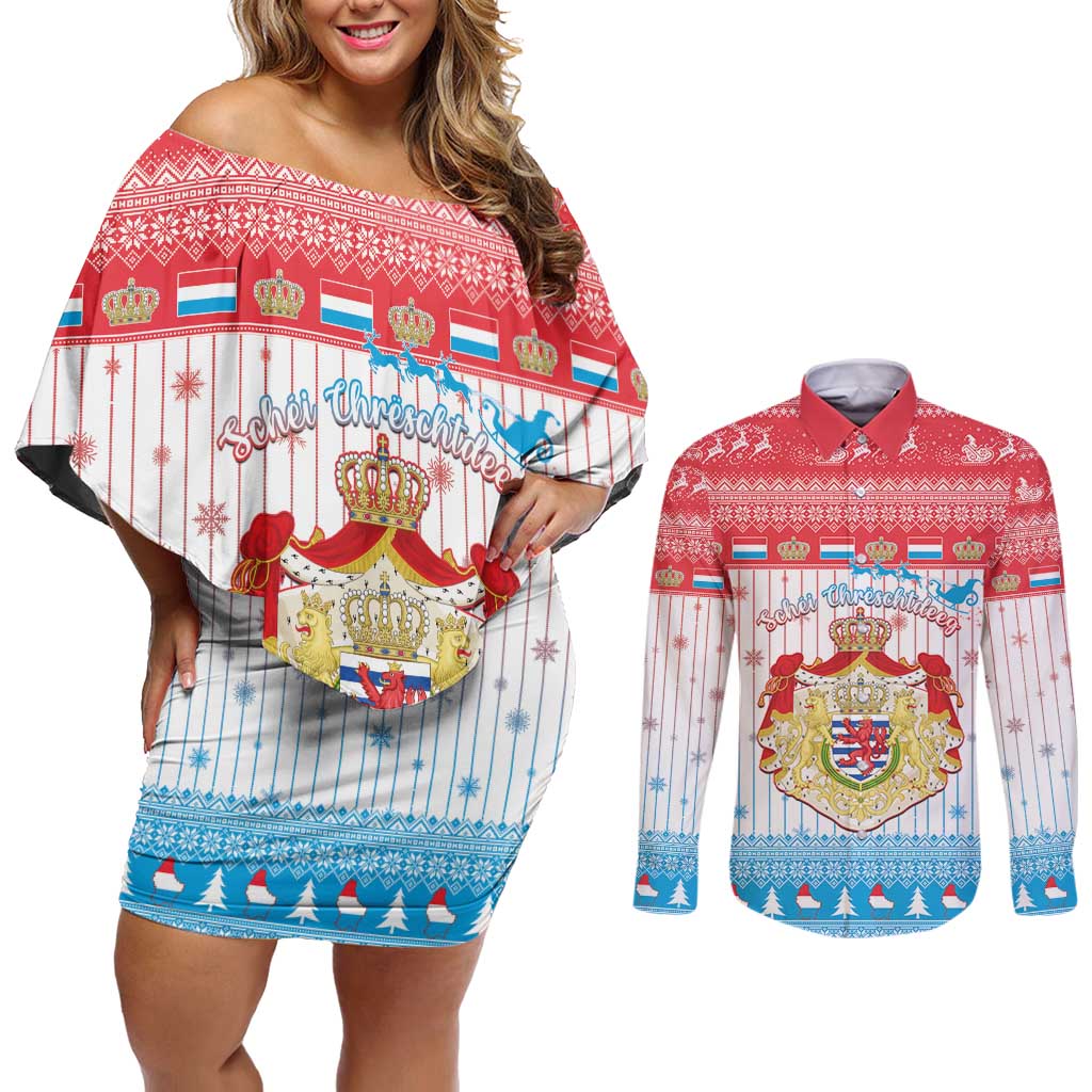 Luxembourg Christmas Couples Matching Off Shoulder Short Dress and Long Sleeve Button Shirt Coat Of Arms Schei Chreschtdeeg - Wonder Print Shop