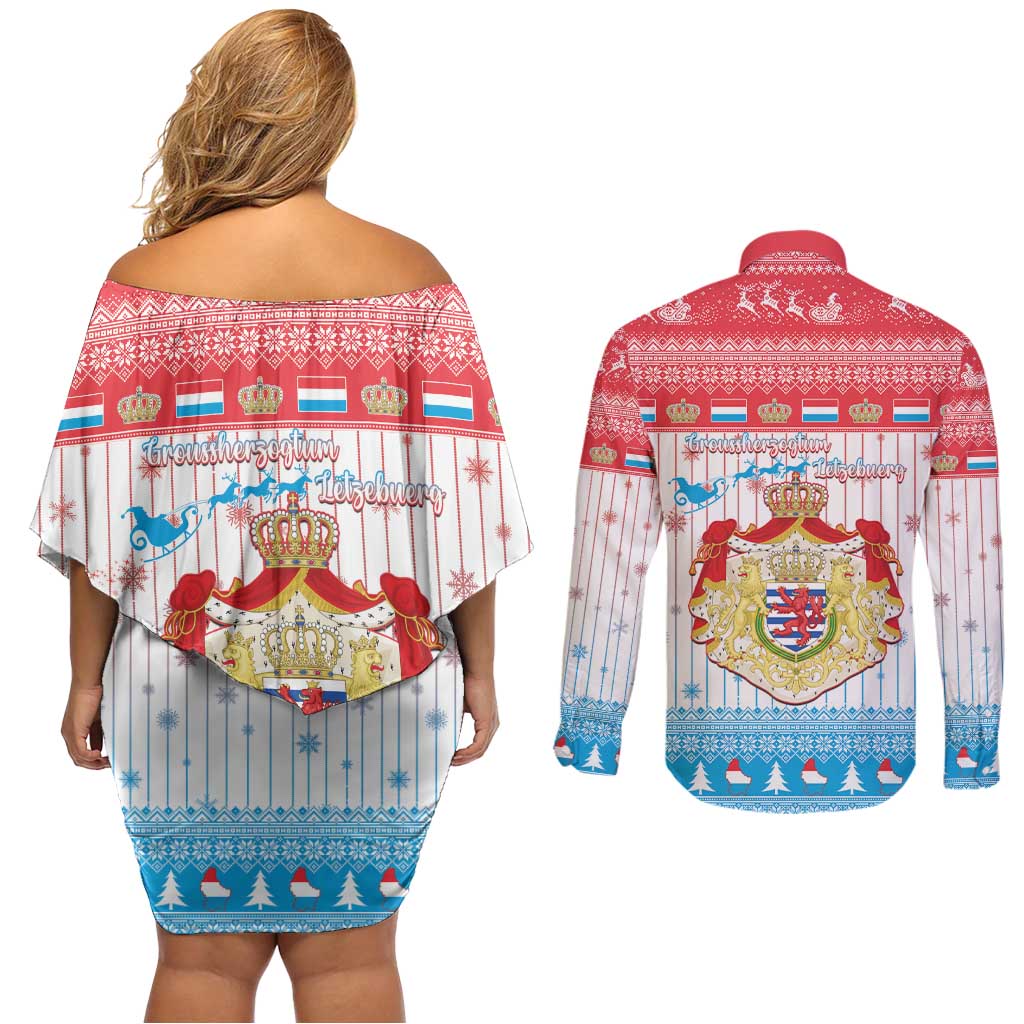 Luxembourg Christmas Couples Matching Off Shoulder Short Dress and Long Sleeve Button Shirt Coat Of Arms Schei Chreschtdeeg - Wonder Print Shop