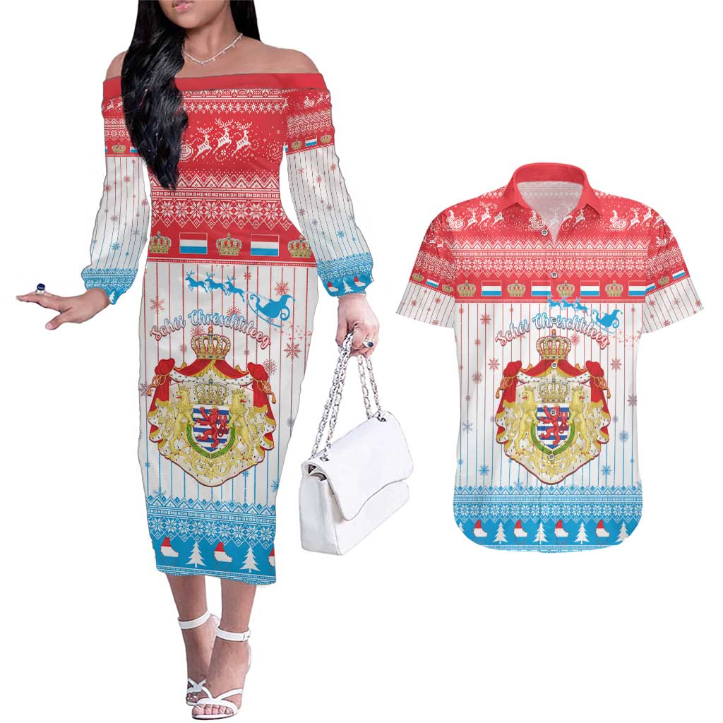 Luxembourg Christmas Couples Matching Off The Shoulder Long Sleeve Dress and Hawaiian Shirt Coat Of Arms Schei Chreschtdeeg - Wonder Print Shop