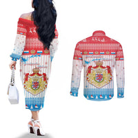 Luxembourg Christmas Couples Matching Off The Shoulder Long Sleeve Dress and Long Sleeve Button Shirt Coat Of Arms Schei Chreschtdeeg