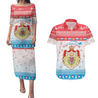 Luxembourg Christmas Couples Matching Puletasi and Hawaiian Shirt Coat Of Arms Schei Chreschtdeeg - Wonder Print Shop