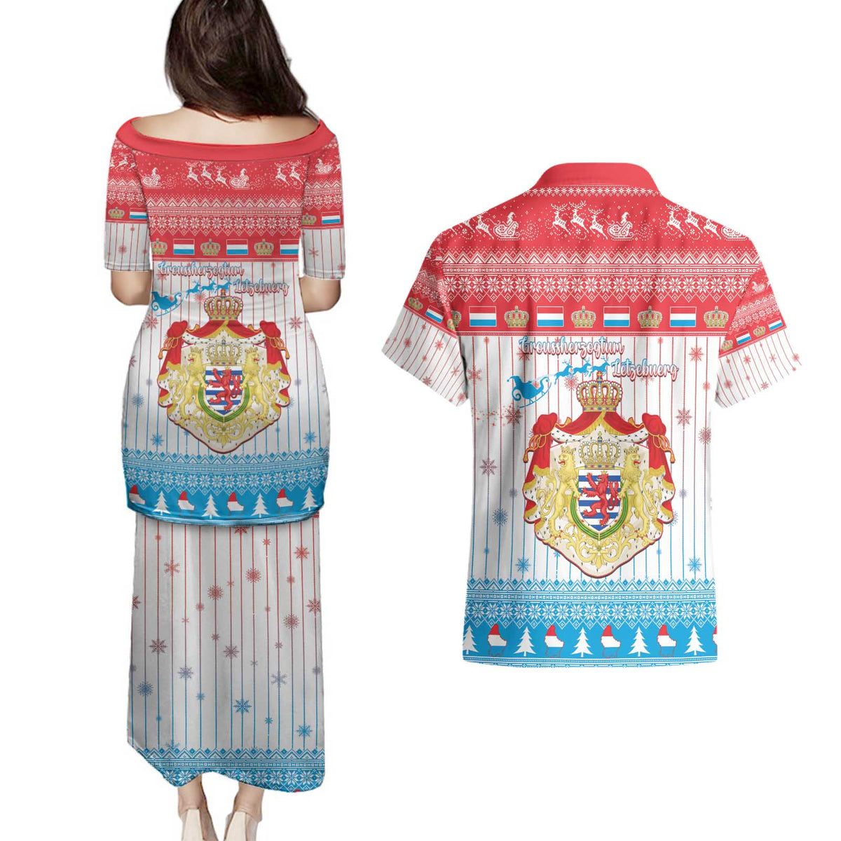 Luxembourg Christmas Couples Matching Puletasi and Hawaiian Shirt Coat Of Arms Schei Chreschtdeeg - Wonder Print Shop