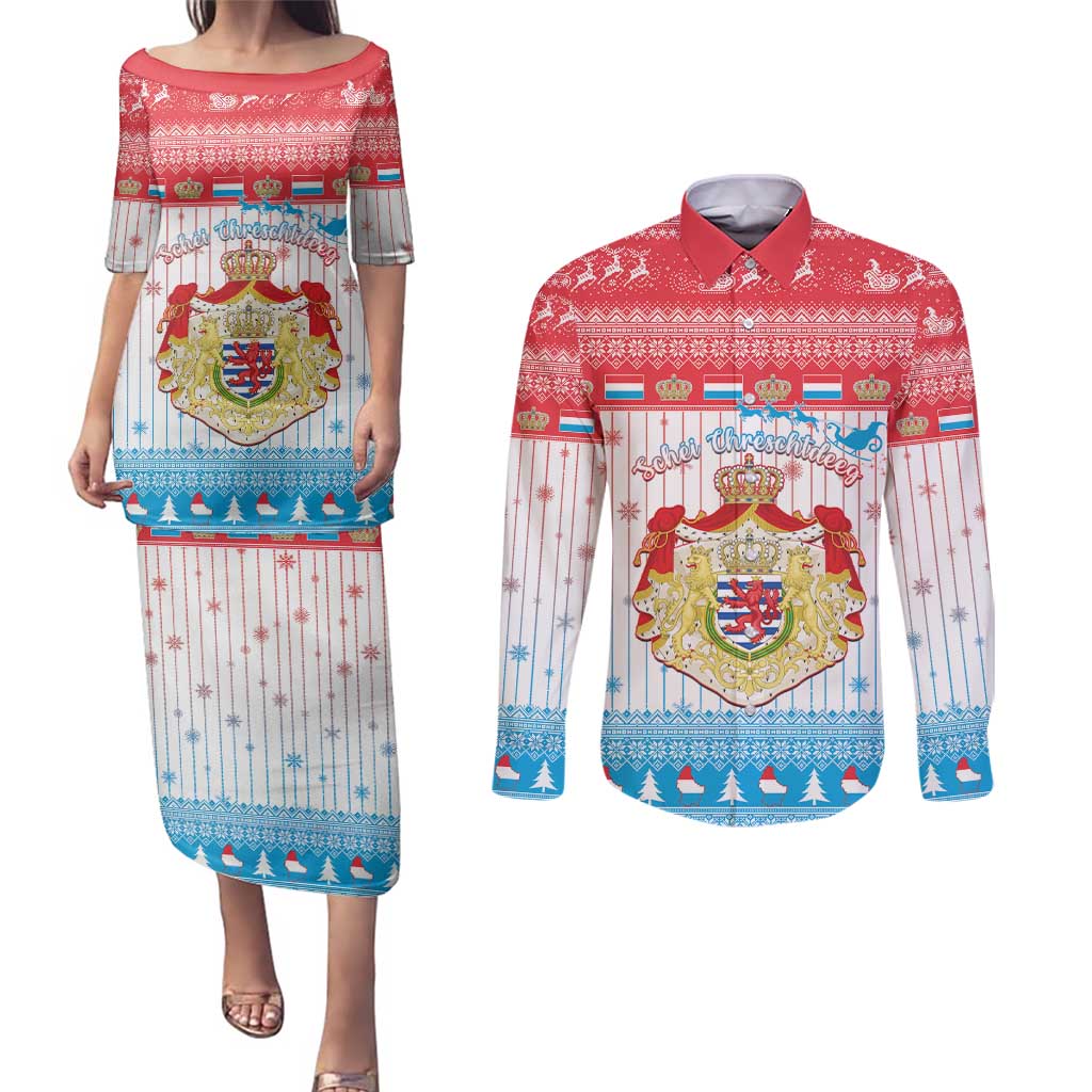Luxembourg Christmas Couples Matching Puletasi and Long Sleeve Button Shirt Coat Of Arms Schei Chreschtdeeg - Wonder Print Shop