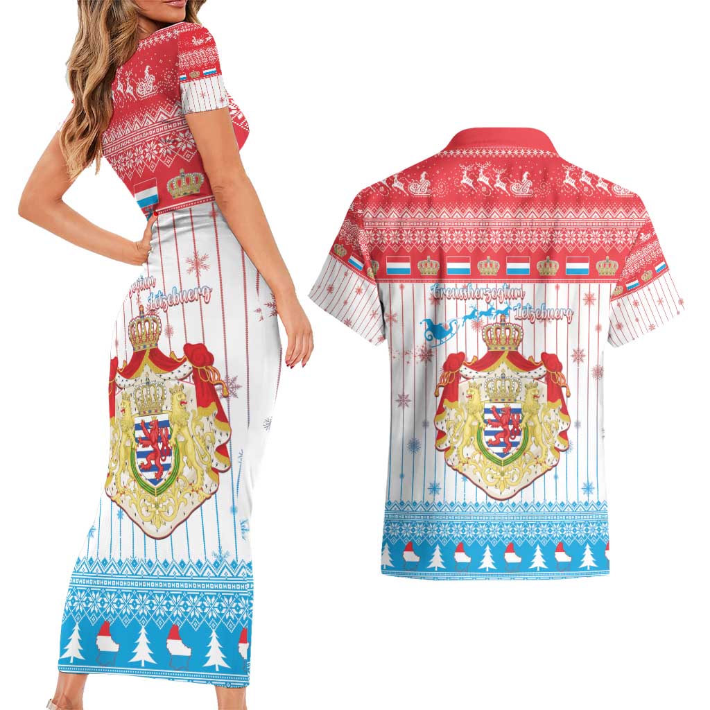 Luxembourg Christmas Couples Matching Short Sleeve Bodycon Dress and Hawaiian Shirt Coat Of Arms Schei Chreschtdeeg - Wonder Print Shop