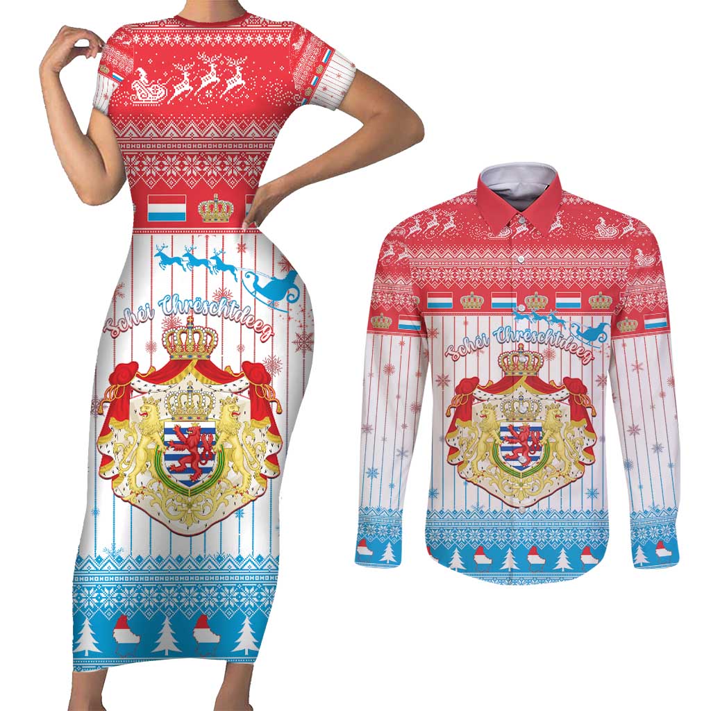 Luxembourg Christmas Couples Matching Short Sleeve Bodycon Dress and Long Sleeve Button Shirt Coat Of Arms Schei Chreschtdeeg - Wonder Print Shop