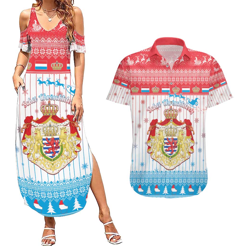 Luxembourg Christmas Couples Matching Summer Maxi Dress and Hawaiian Shirt Coat Of Arms Schei Chreschtdeeg - Wonder Print Shop
