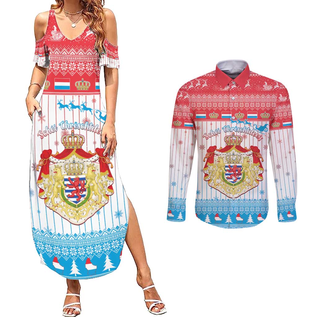 Luxembourg Christmas Couples Matching Summer Maxi Dress and Long Sleeve Button Shirt Coat Of Arms Schei Chreschtdeeg - Wonder Print Shop