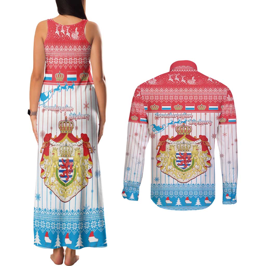 Luxembourg Christmas Couples Matching Tank Maxi Dress and Long Sleeve Button Shirt Coat Of Arms Schei Chreschtdeeg - Wonder Print Shop