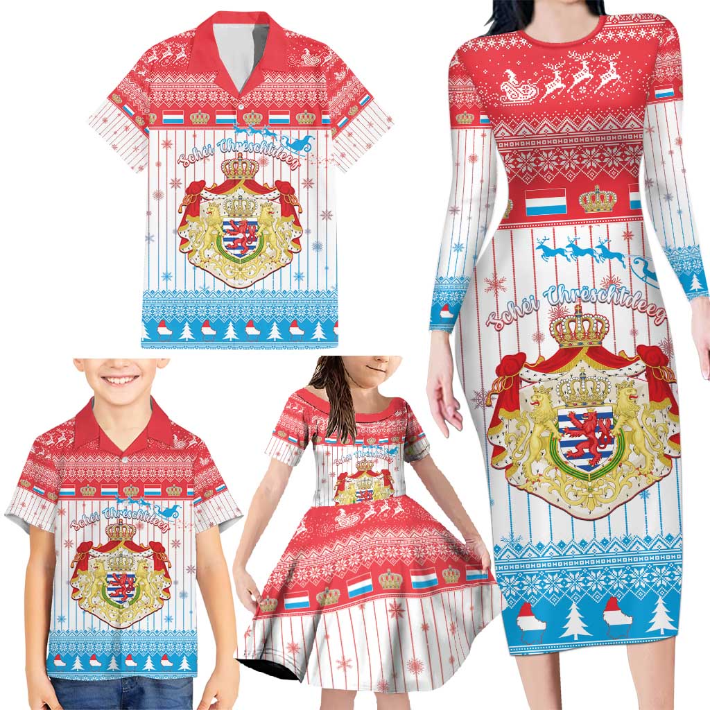 Luxembourg Christmas Family Matching Long Sleeve Bodycon Dress and Hawaiian Shirt Coat Of Arms Schei Chreschtdeeg - Wonder Print Shop