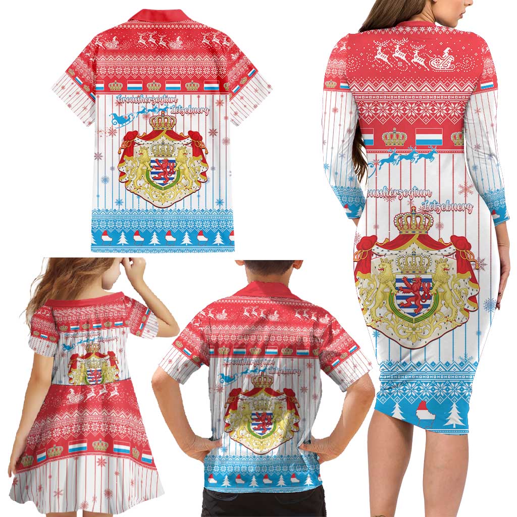 Luxembourg Christmas Family Matching Long Sleeve Bodycon Dress and Hawaiian Shirt Coat Of Arms Schei Chreschtdeeg - Wonder Print Shop