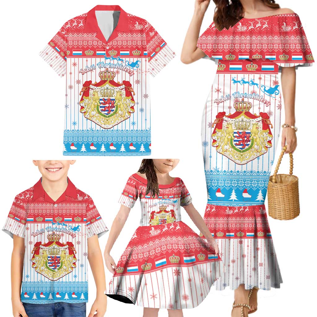 Luxembourg Christmas Family Matching Mermaid Dress and Hawaiian Shirt Coat Of Arms Schei Chreschtdeeg - Wonder Print Shop
