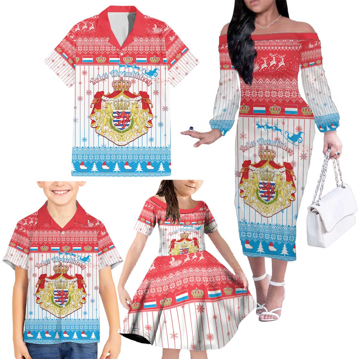 Luxembourg Christmas Family Matching Off The Shoulder Long Sleeve Dress and Hawaiian Shirt Coat Of Arms Schei Chreschtdeeg - Wonder Print Shop