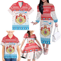 Luxembourg Christmas Family Matching Off The Shoulder Long Sleeve Dress and Hawaiian Shirt Coat Of Arms Schei Chreschtdeeg - Wonder Print Shop