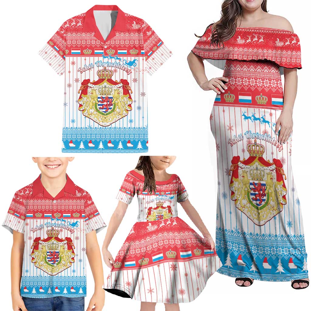 Luxembourg Christmas Family Matching Off Shoulder Maxi Dress and Hawaiian Shirt Coat Of Arms Schei Chreschtdeeg - Wonder Print Shop