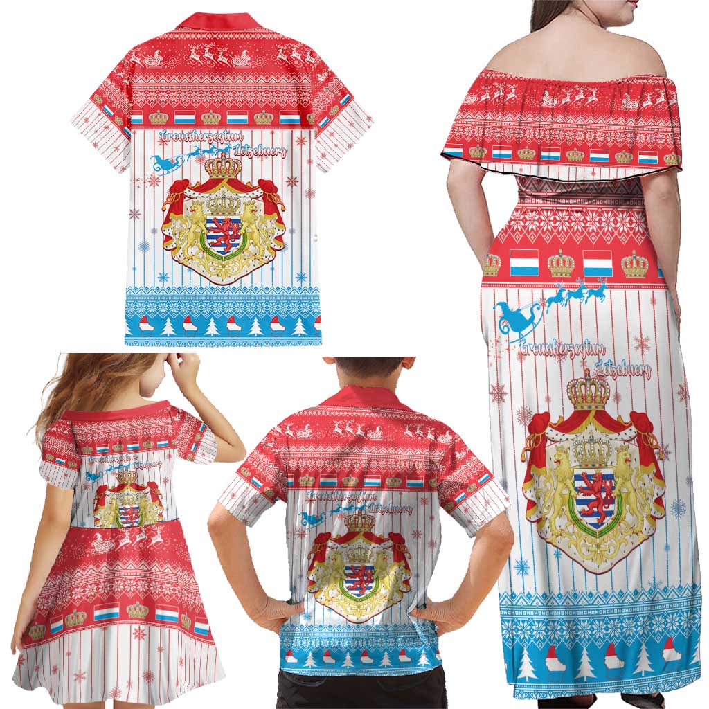 Luxembourg Christmas Family Matching Off Shoulder Maxi Dress and Hawaiian Shirt Coat Of Arms Schei Chreschtdeeg - Wonder Print Shop