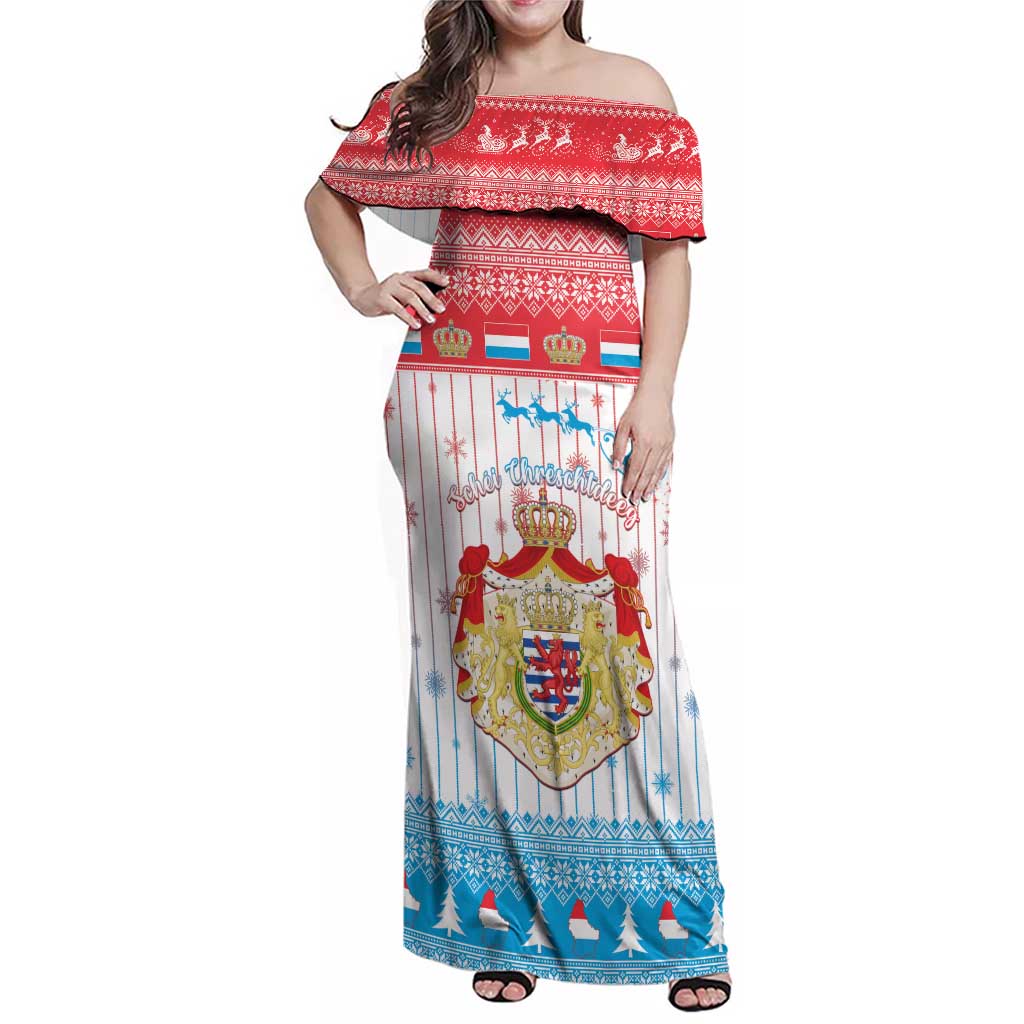 Luxembourg Christmas Family Matching Off Shoulder Maxi Dress and Hawaiian Shirt Coat Of Arms Schei Chreschtdeeg - Wonder Print Shop