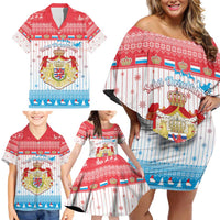 Luxembourg Christmas Family Matching Off Shoulder Short Dress and Hawaiian Shirt Coat Of Arms Schei Chreschtdeeg - Wonder Print Shop