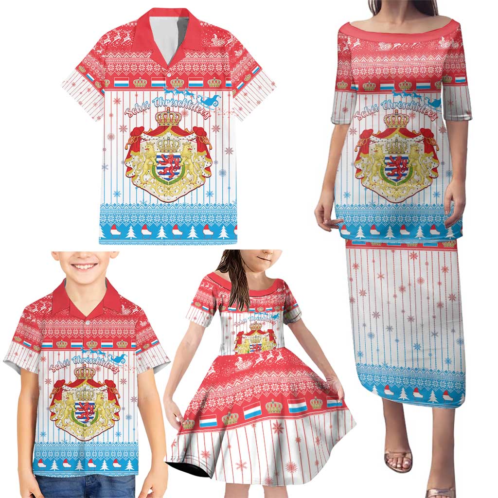 Luxembourg Christmas Family Matching Puletasi and Hawaiian Shirt Coat Of Arms Schei Chreschtdeeg - Wonder Print Shop