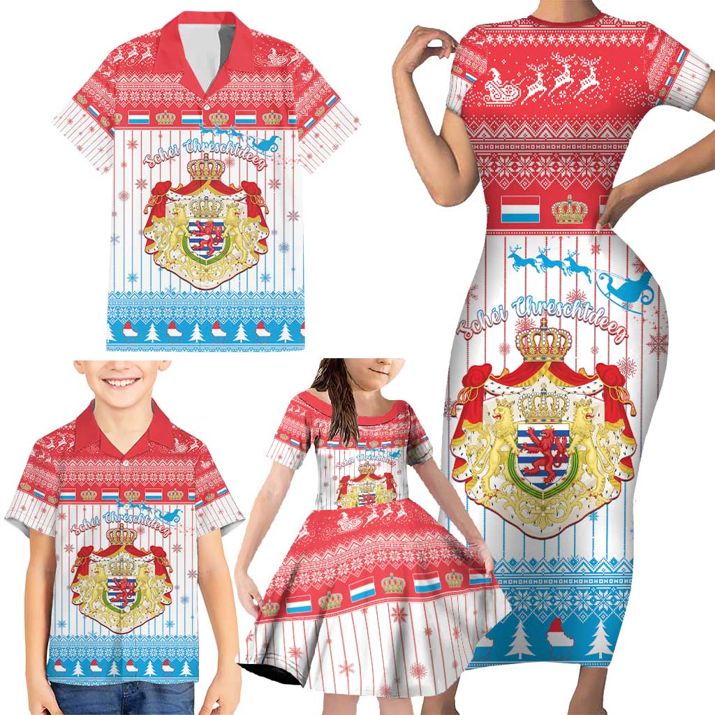 Luxembourg Christmas Family Matching Short Sleeve Bodycon Dress and Hawaiian Shirt Coat Of Arms Schei Chreschtdeeg - Wonder Print Shop