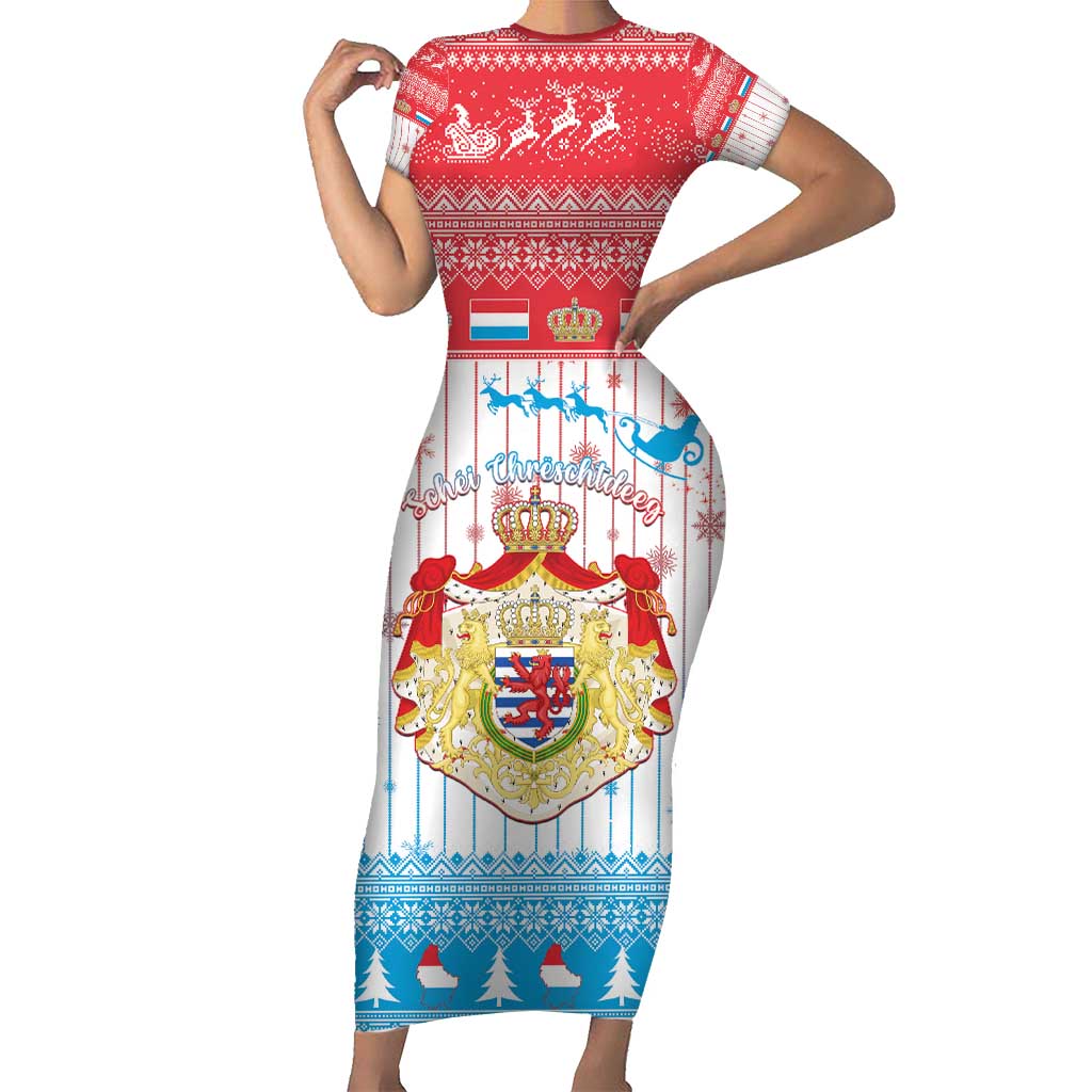 Luxembourg Christmas Short Sleeve Bodycon Dress Coat Of Arms Schei Chreschtdeeg - Wonder Print Shop