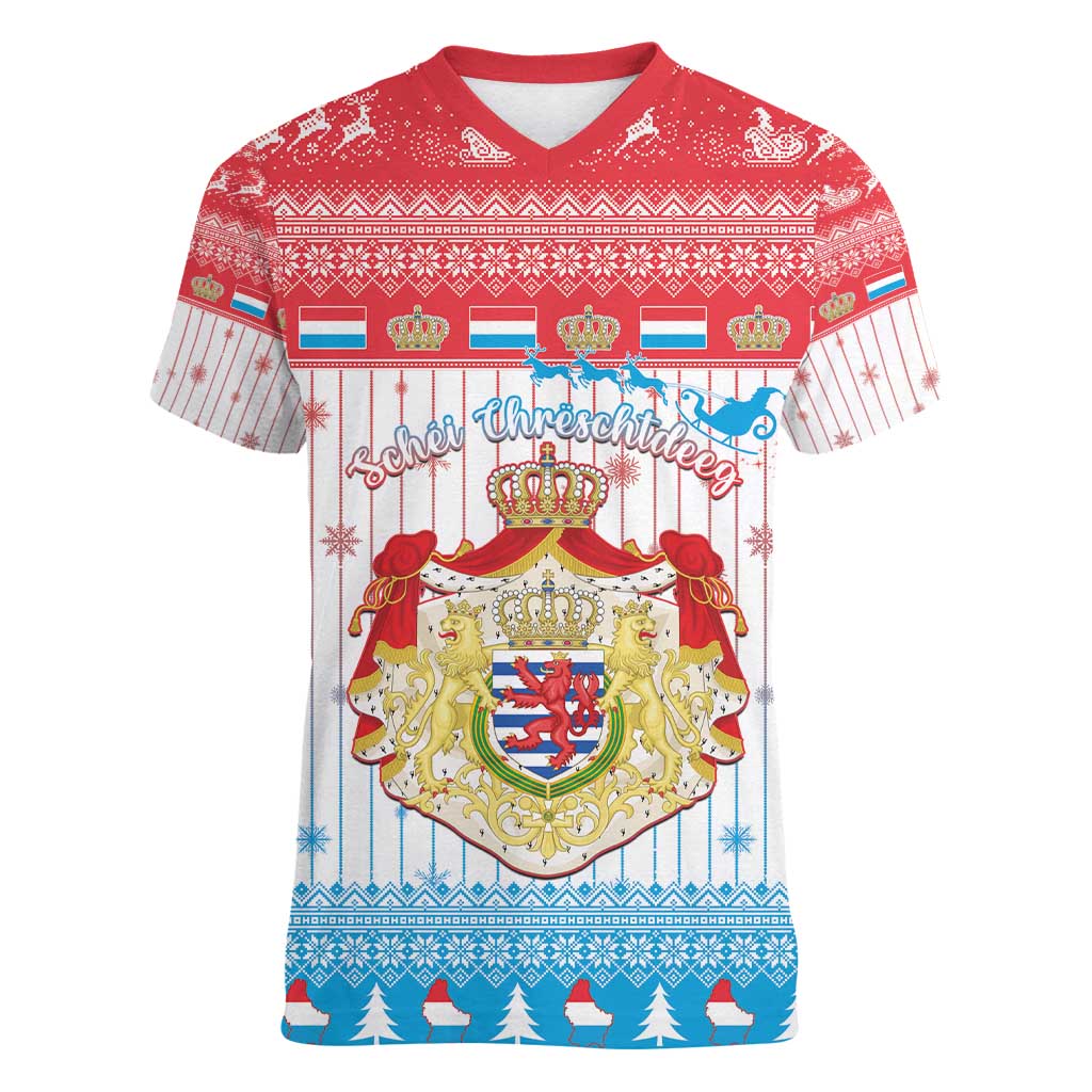 Luxembourg Christmas Women V-Neck T-Shirt Coat Of Arms Schei Chreschtdeeg - Wonder Print Shop