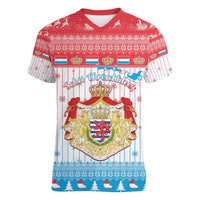 Luxembourg Christmas Women V-Neck T-Shirt Coat Of Arms Schei Chreschtdeeg - Wonder Print Shop