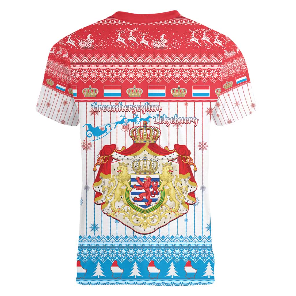 Luxembourg Christmas Women V-Neck T-Shirt Coat Of Arms Schei Chreschtdeeg - Wonder Print Shop