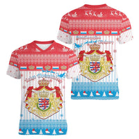 Luxembourg Christmas Women V-Neck T-Shirt Coat Of Arms Schei Chreschtdeeg - Wonder Print Shop