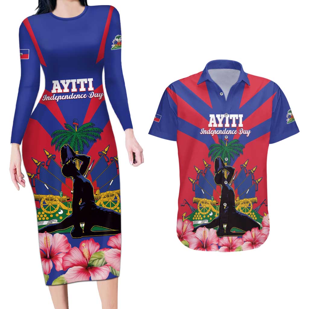 Personalised Haiti Independence Day Couples Matching Long Sleeve Bodycon Dress and Hawaiian Shirt Neg Marron Flag Map - Wonder Print Shop