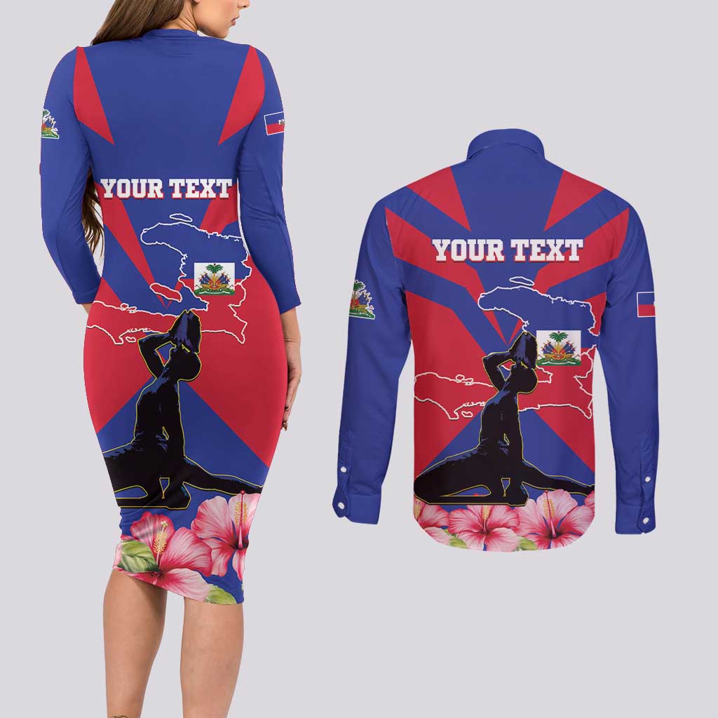 Personalised Haiti Independence Day Couples Matching Long Sleeve Bodycon Dress and Long Sleeve Button Shirt Neg Marron Flag Map - Wonder Print Shop