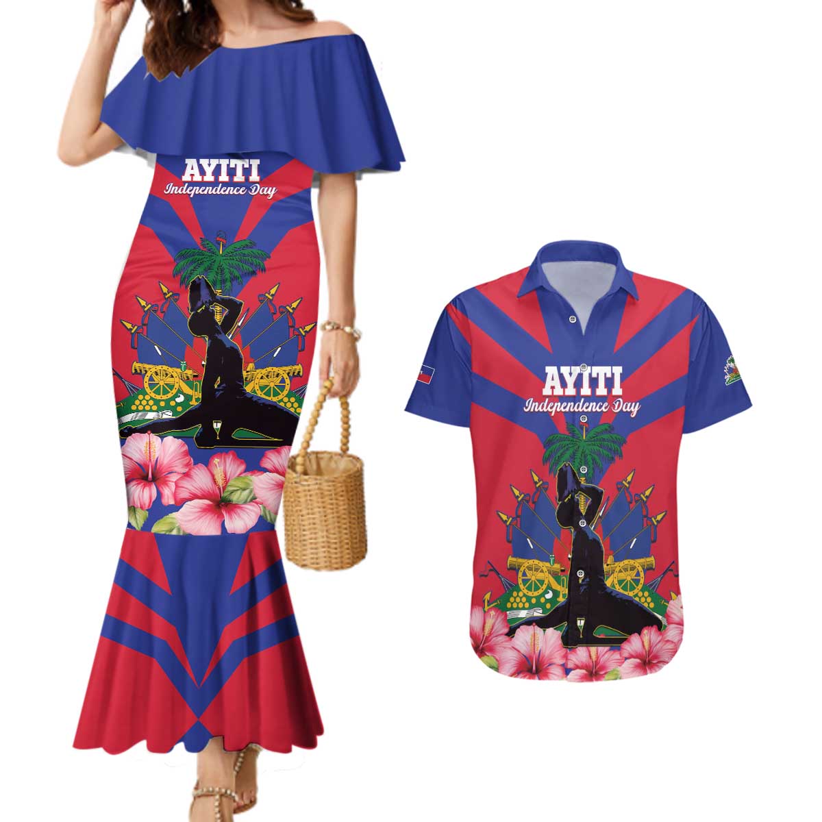 Personalised Haiti Independence Day Couples Matching Mermaid Dress and Hawaiian Shirt Neg Marron Flag Map - Wonder Print Shop