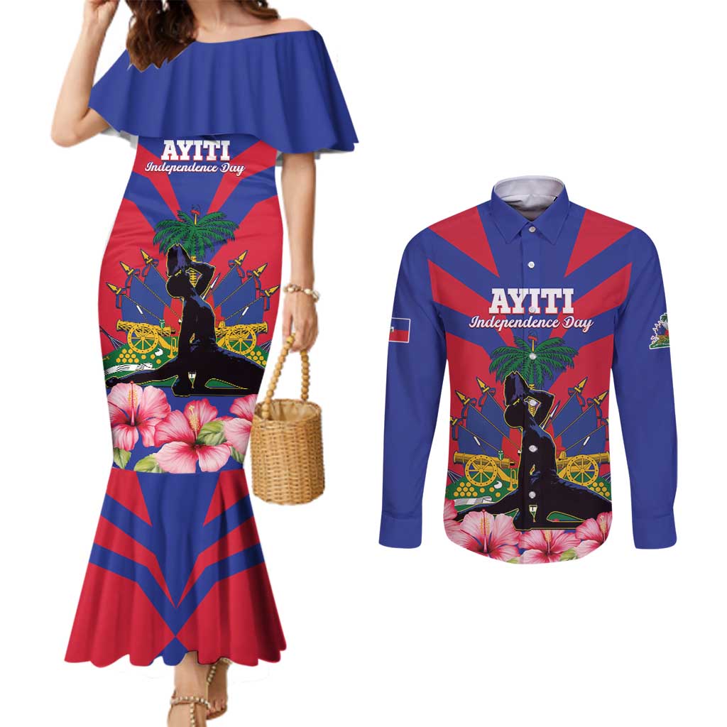 Personalised Haiti Independence Day Couples Matching Mermaid Dress and Long Sleeve Button Shirt Neg Marron Flag Map