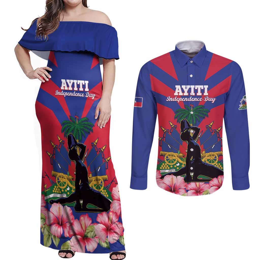 Personalised Haiti Independence Day Couples Matching Off Shoulder Maxi Dress and Long Sleeve Button Shirt Neg Marron Flag Map - Wonder Print Shop