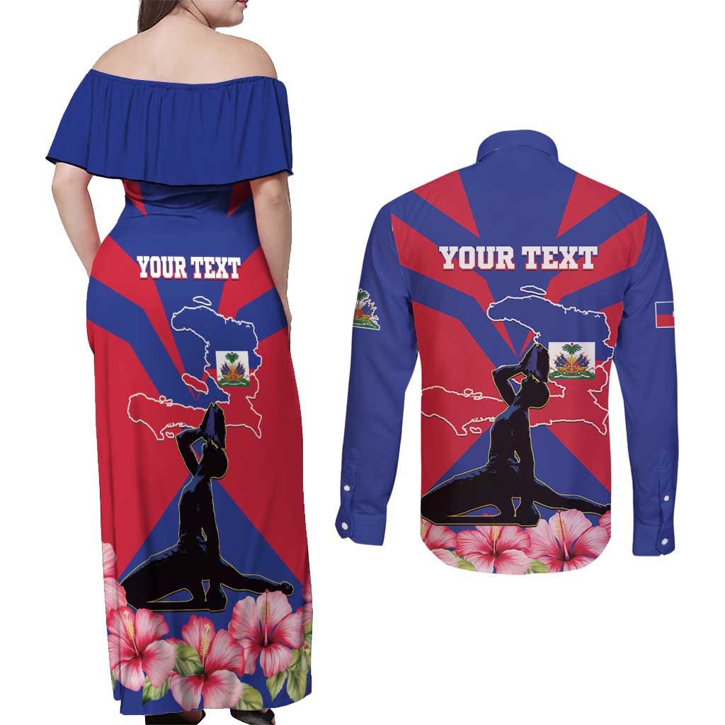 Personalised Haiti Independence Day Couples Matching Off Shoulder Maxi Dress and Long Sleeve Button Shirt Neg Marron Flag Map - Wonder Print Shop