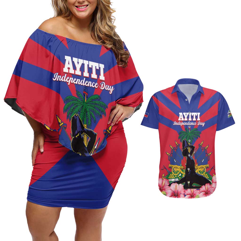 Personalised Haiti Independence Day Couples Matching Off Shoulder Short Dress and Hawaiian Shirt Neg Marron Flag Map - Wonder Print Shop