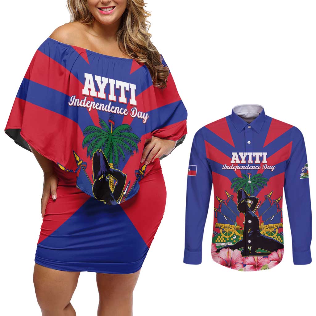 Personalised Haiti Independence Day Couples Matching Off Shoulder Short Dress and Long Sleeve Button Shirt Neg Marron Flag Map - Wonder Print Shop