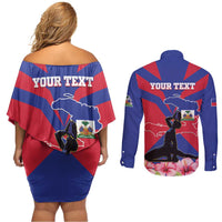 Personalised Haiti Independence Day Couples Matching Off Shoulder Short Dress and Long Sleeve Button Shirt Neg Marron Flag Map - Wonder Print Shop