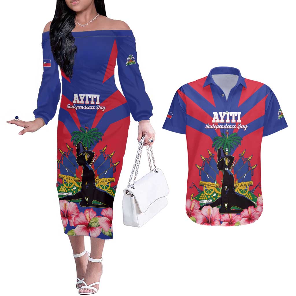 Personalised Haiti Independence Day Couples Matching Off The Shoulder Long Sleeve Dress and Hawaiian Shirt Neg Marron Flag Map - Wonder Print Shop