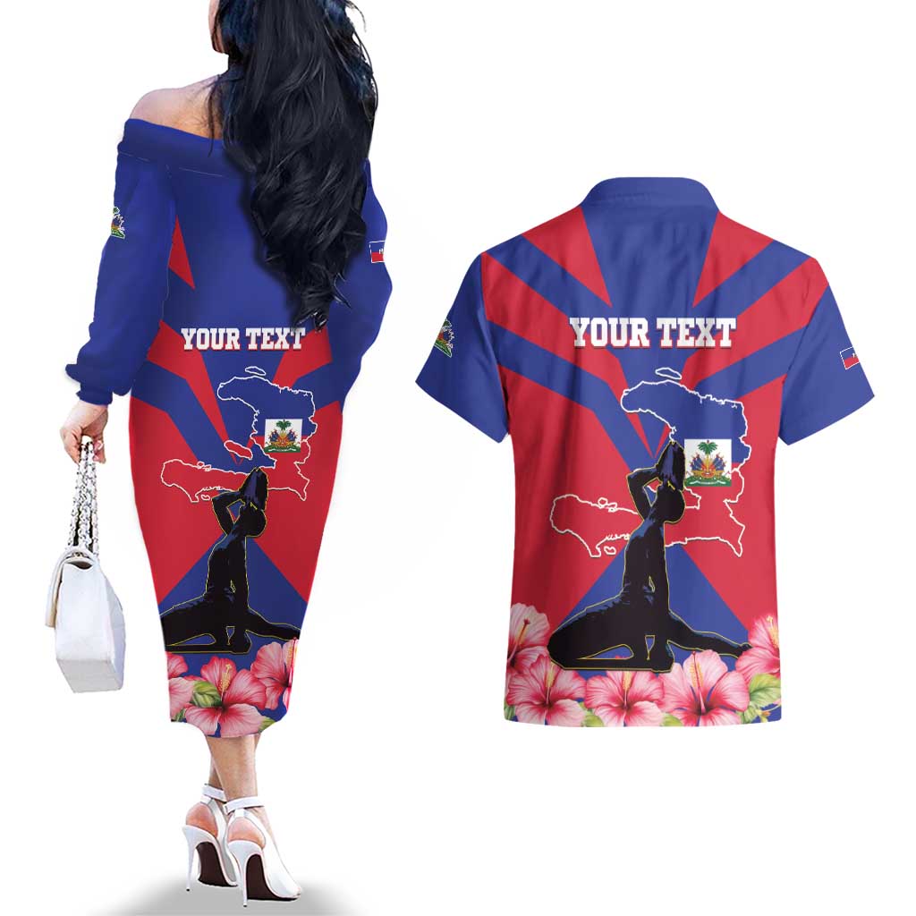 Personalised Haiti Independence Day Couples Matching Off The Shoulder Long Sleeve Dress and Hawaiian Shirt Neg Marron Flag Map - Wonder Print Shop