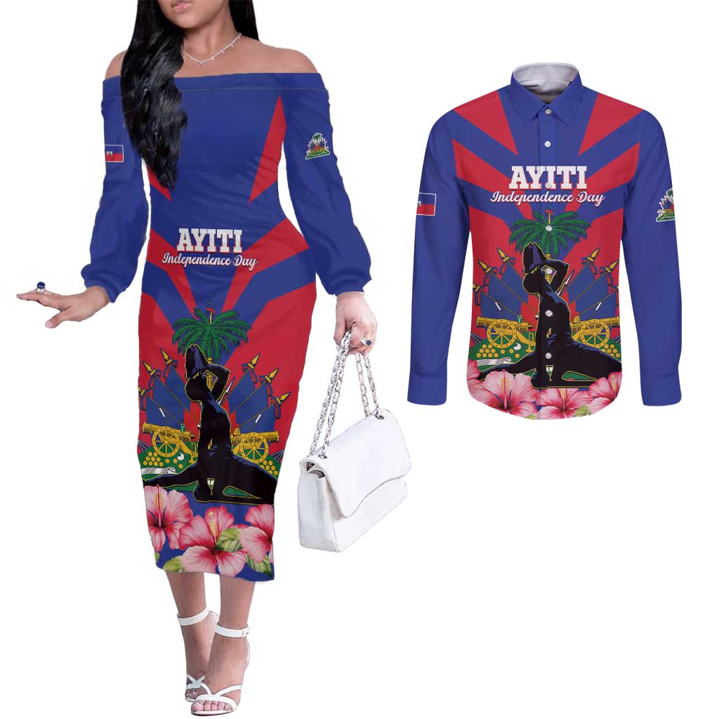 Personalised Haiti Independence Day Couples Matching Off The Shoulder Long Sleeve Dress and Long Sleeve Button Shirt Neg Marron Flag Map