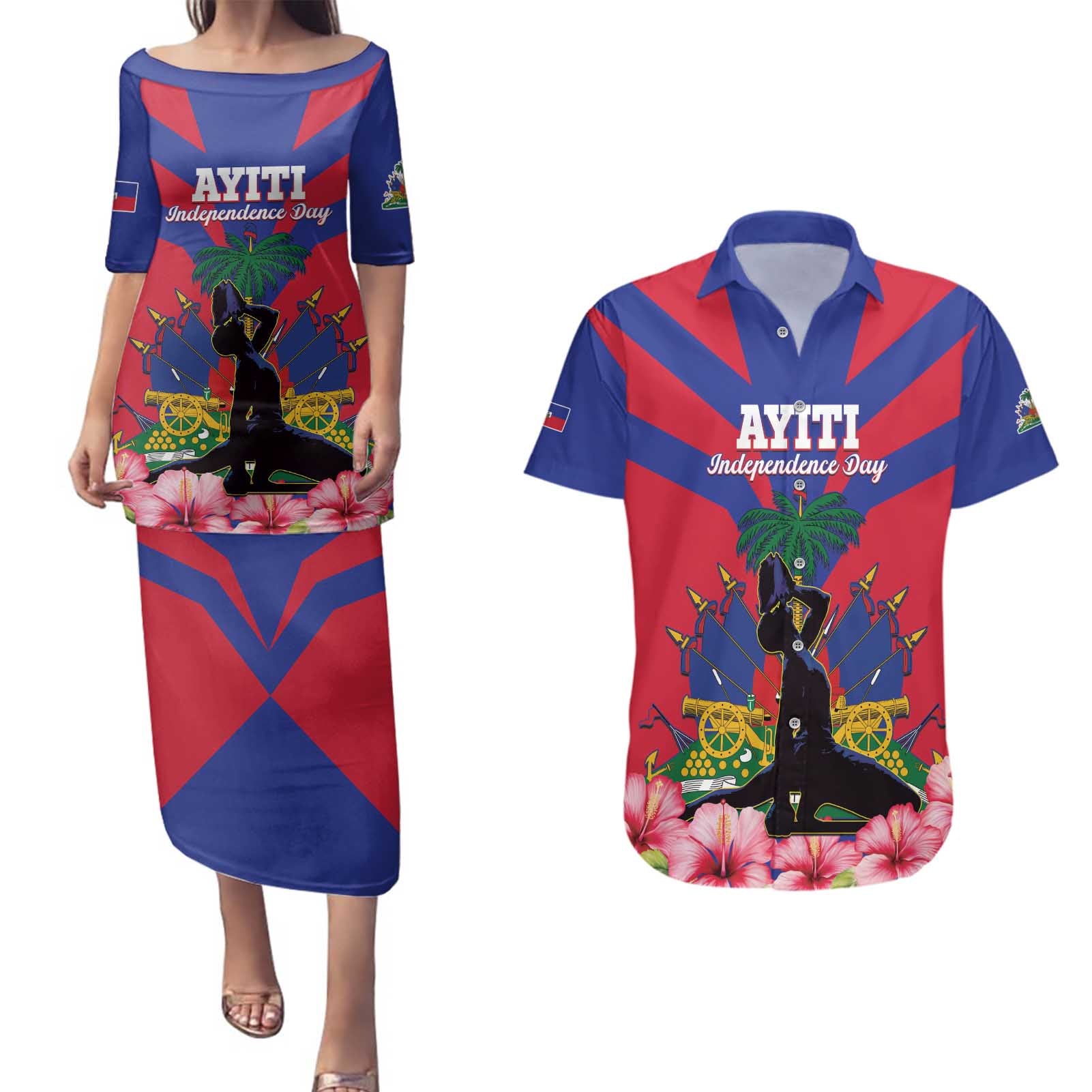 Personalised Haiti Independence Day Couples Matching Puletasi and Hawaiian Shirt Neg Marron Flag Map - Wonder Print Shop