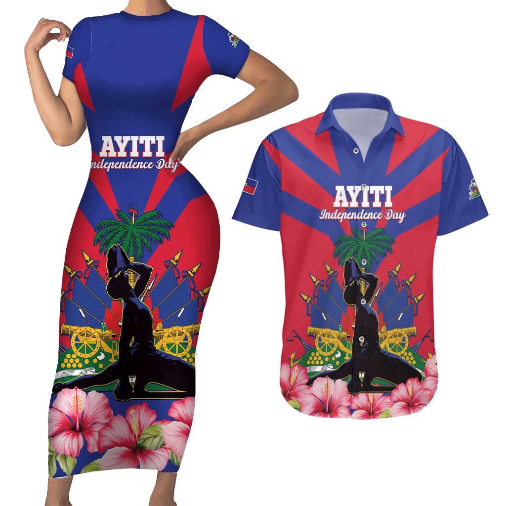 Personalised Haiti Independence Day Couples Matching Short Sleeve Bodycon Dress and Hawaiian Shirt Neg Marron Flag Map - Wonder Print Shop