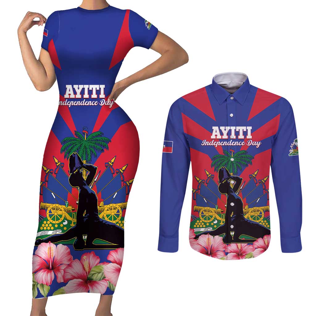 Personalised Haiti Independence Day Couples Matching Short Sleeve Bodycon Dress and Long Sleeve Button Shirt Neg Marron Flag Map - Wonder Print Shop