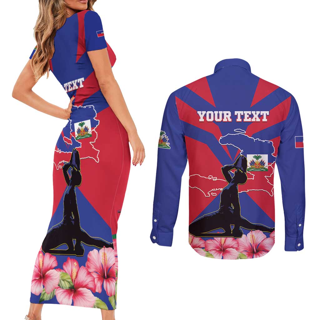 Personalised Haiti Independence Day Couples Matching Short Sleeve Bodycon Dress and Long Sleeve Button Shirt Neg Marron Flag Map - Wonder Print Shop