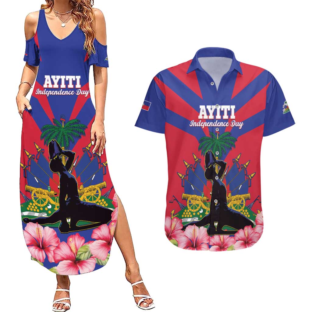 Personalised Haiti Independence Day Couples Matching Summer Maxi Dress and Hawaiian Shirt Neg Marron Flag Map - Wonder Print Shop