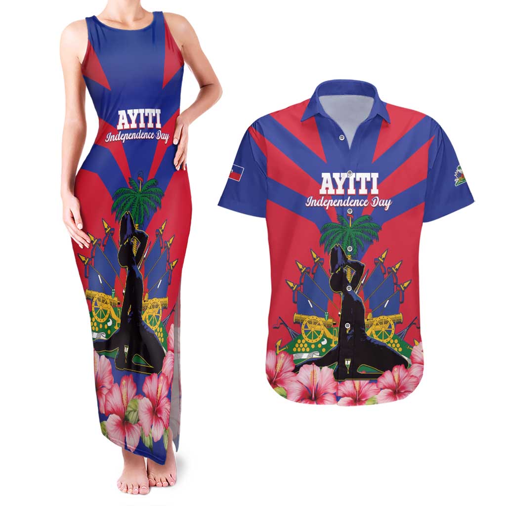 Personalised Haiti Independence Day Couples Matching Tank Maxi Dress and Hawaiian Shirt Neg Marron Flag Map - Wonder Print Shop
