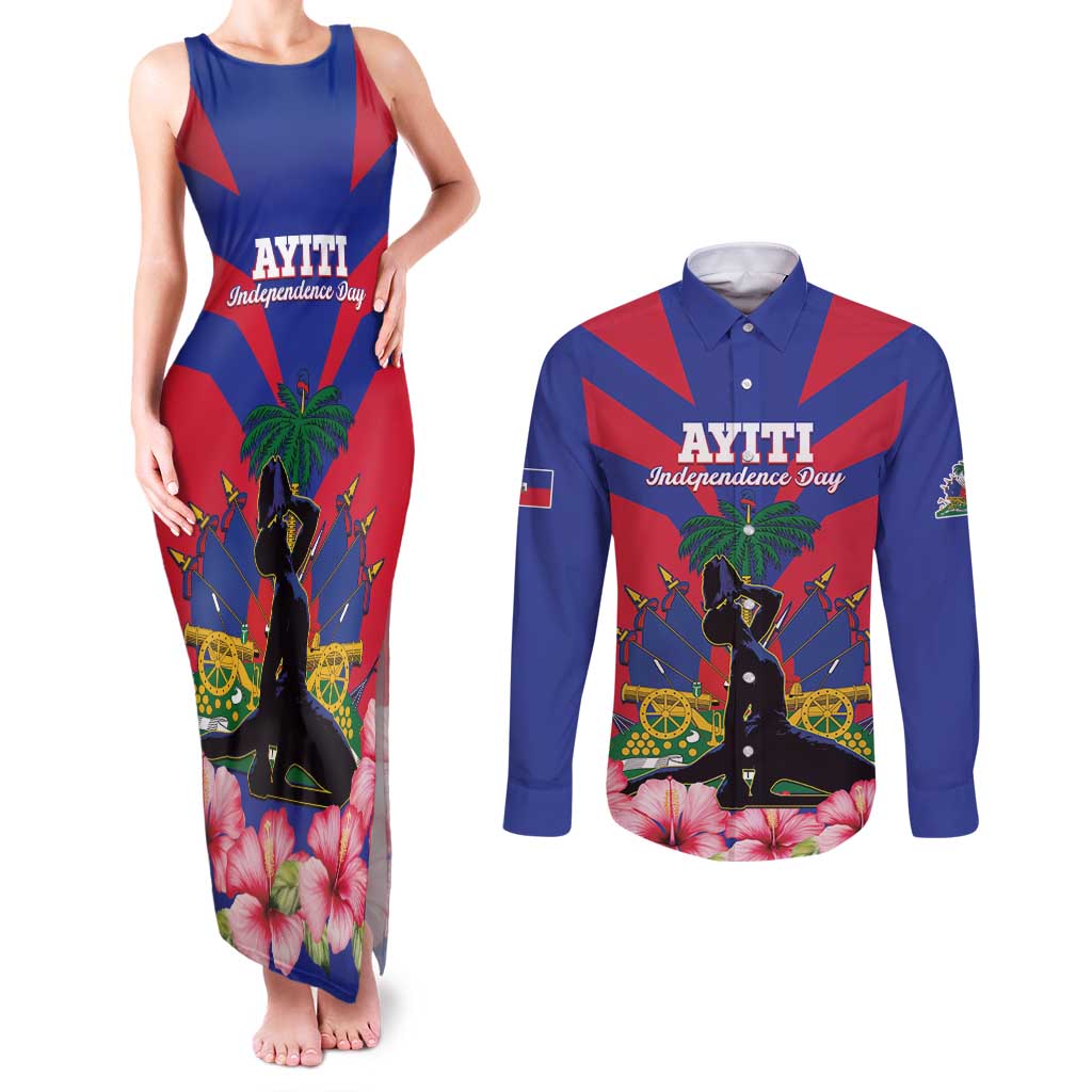 Personalised Haiti Independence Day Couples Matching Tank Maxi Dress and Long Sleeve Button Shirt Neg Marron Flag Map - Wonder Print Shop