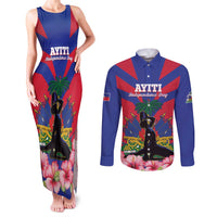 Personalised Haiti Independence Day Couples Matching Tank Maxi Dress and Long Sleeve Button Shirt Neg Marron Flag Map - Wonder Print Shop