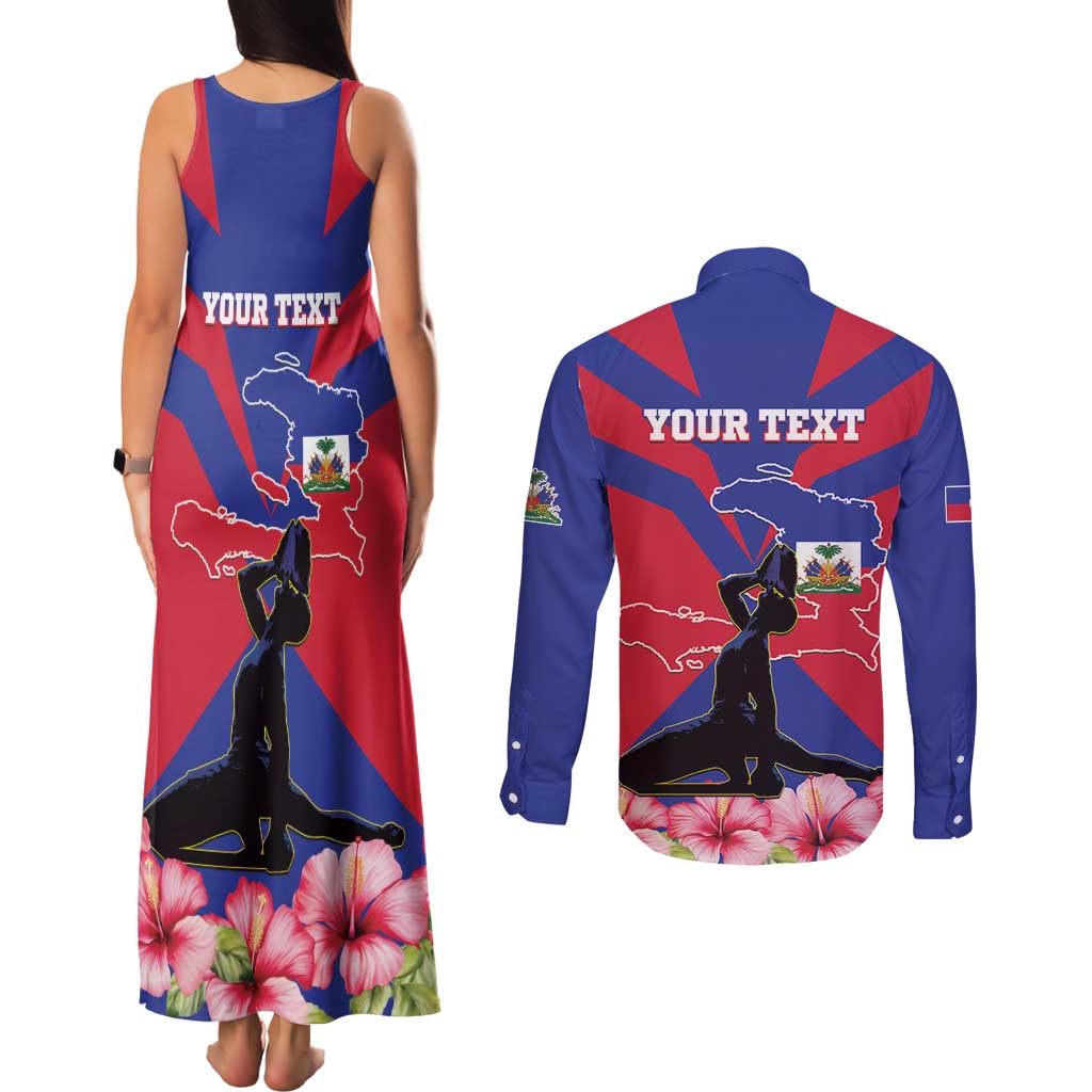 Personalised Haiti Independence Day Couples Matching Tank Maxi Dress and Long Sleeve Button Shirt Neg Marron Flag Map - Wonder Print Shop