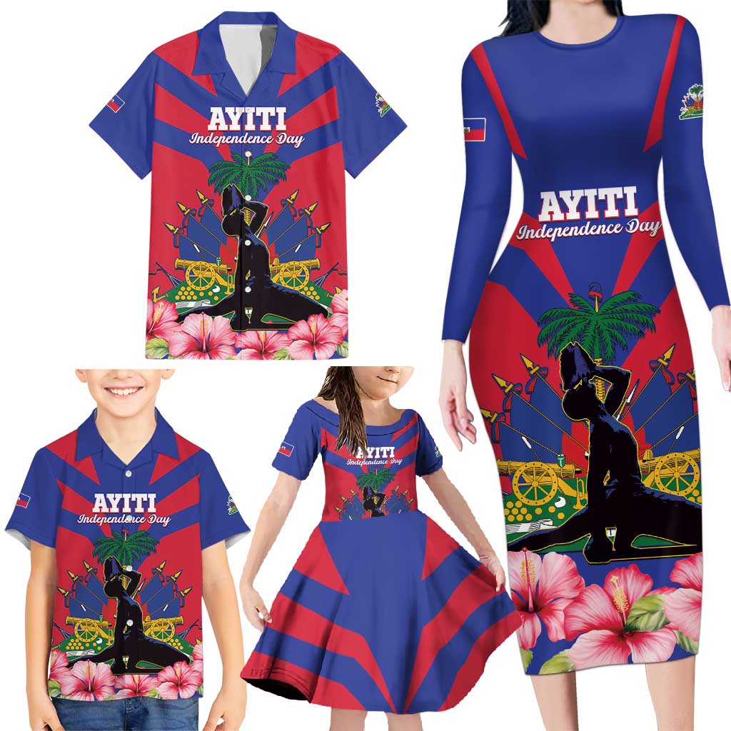 Personalised Haiti Independence Day Family Matching Long Sleeve Bodycon Dress and Hawaiian Shirt Neg Marron Flag Map - Wonder Print Shop